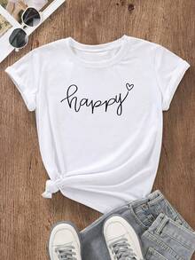Camiseta informal blanca de manga corta para mujer con estampado gráfico de corazón feliz, cuello redondo y largo regular, tejido ligeramente elástico. - Blanco - Ver 4