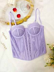 1 pieza Parte superior corta ajustada con adorno de encaje de moda para mujer, camiseta interior ajustada sexy tipo corsé, adecuada para fiesta, viaje, reunión, Navidad, San Valentín, vacaciones de verano casual - Morado - Ver 2