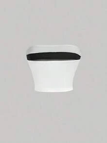 Top tubo ajustado de corte corto con lazo al frente, top sin tirantes de ajuste regular con bloqueo de color negro para dama, atuendos de fiesta/discoteca para primavera/verano - Blanco - Ver 2