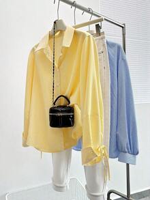 Camisa casual de manga larga con cuello vuelto, a rayas, holgada, con cordón y protección solar para mujeres - Amarillo - Ver 7