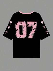 Camiseta casual con estampado de número 07 y letras para mujer, adecuada para el verano - Multicolor 4 - Ver 2