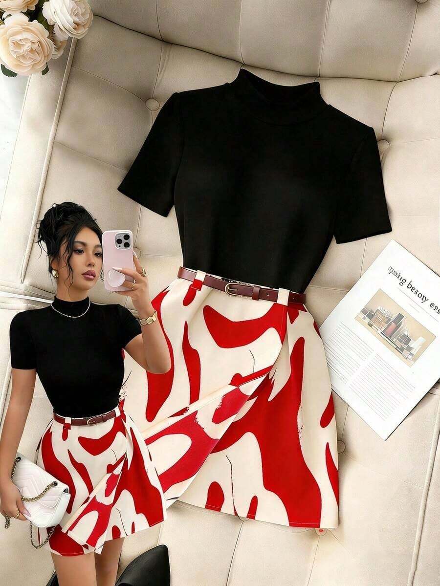 Falda elegante con estampado y bajo asimétrico para mujer - Rojo - Ver 1