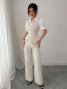 Conjunto de 2 piezas de camisa a rayas azul y blanco + pantalones elegante para ir al trabajo y de vacaciones para mujeres - Beis - Ver 5