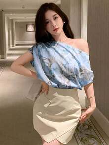 Blusa holgada con estampado floral en toda la prenda, para Año Nuevo, Vacaciones de verano, Salidas de mujeres, Pascua, Estilo bohemio - Azul 2 - Ver 4