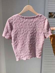 Camiseta básica de manga corta de cuello redondo tejida en jacquard rosa, de verano - Púrpura malva - Ver 2