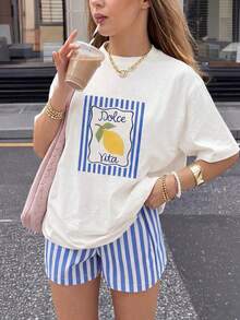 Casual de las mujeres de manga corta Casual ronda cuello Drop hombro camiseta blanca con estampde limón 1O9A - Blanco - Ver 1