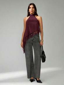 Tall Blusa sin mangas elegante y formal con cuello halter asimétrico, adorno de encaje y hombros descubiertos para fiesta, cóctel, boda o salida nocturna en primavera, verano y otoño - Burdeos - Ver 9