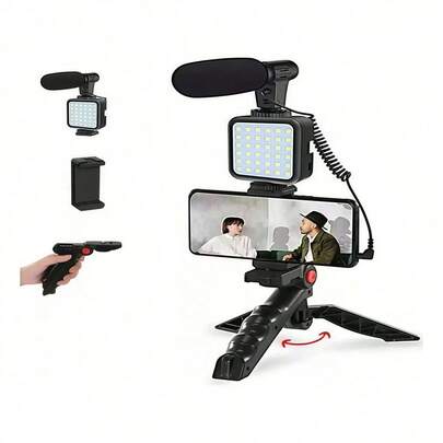 Novo - Kit de Gravação para Smartphone Tripé, Luz LED e Microfone Controle Remoto - Youtuber/TikToks  - QIU PRESENTES