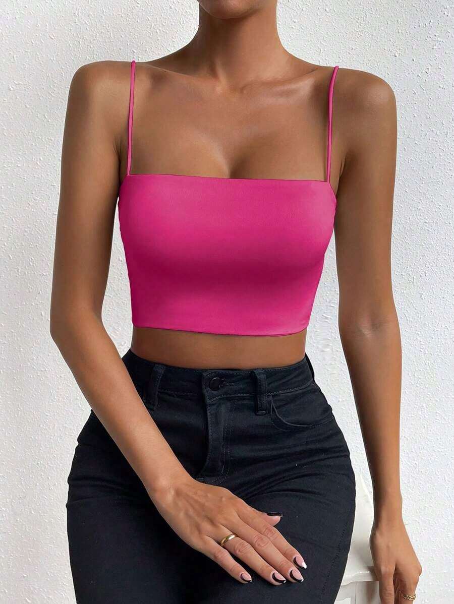 Top corto de color sólido ChicEase - Rosa Fucsia - Ver 1