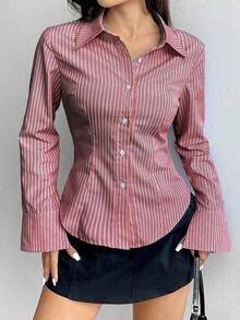 Camisa de manga larga casual a rayas que ciñe la cintura, apta para primavera/verano/otoño, tops de manga larga - Rojo - Ver 6