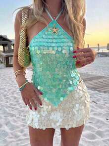 Top halter con espalda descubierta y lentejuelas sexy para mujer, ideal para verano, vacaciones en la playa, estilo bohemio, tropical, conciertos, festivales, country, Ibiza, Nashville, estilo occidental, boho, streetwear, gyaru - Verde 2 - Ver 7