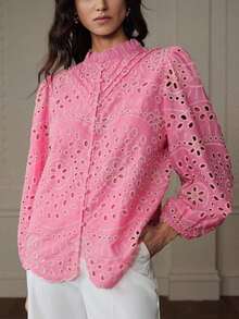 Aveloria Frievida Nueva blusa de manga larga con pliegues delanteros bordados y calados, de estilo francés casual y lujoso, para otoño - Rosa - Ver 2