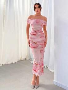 Vestido largo ajustado con hombros descubiertos, estampado floral rosa con malla, romántico para la cita del Día de San Valentín de la mujer - Multicolor 3 - Ver 4
