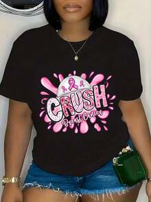 Women's Breast Cancer Awareness T-Shirt - Pink Ribbon And "Crush" Lettering Design, Casual Short Sleeve Crew Neck Top, Soft And Stretchy, For Breast Cancer Awareness, Comfortable Clothing, Medium Elasticity. - 黑色 - 查看 6