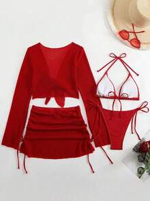 Conjunto de bikini de triángulo de unicolor con pareo para vacaciones en la playa, verano negro - Rojo - Ver 2