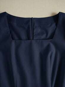 Vestido casual de línea A de manga corta con cuello cuadrado y perlas para mujer, de unicolor elegante, adecuado para invitados, banquetes, cumpleaños, fiestas, verano y otoño, citas, ir al trabajo, estilo callejero, azul - Azul marino - Ver 6