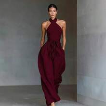 Nuevos pantalones de piernas anchas de moda con tirantes cruzados de tela de lino - Burdeos - Ver 8