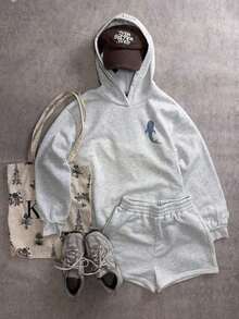 Conjunto de Sudadera con Capucha y Pantalones Cortos   con Estampado de Eslóganes para Vacaciones en la Playa, Conjunto de Sudadera con Capucha y Pantalones Cortos para Mujer, Sudadera con Capucha y Pantalones Cortos con Diseño de Tiburón Ballena, Conjunto de Sudadera con Capucha y Pantalones Cortos Gris, Ropa de Regreso a la Escuela, Ropa de Otoño e Invierno, Otoño e Invierno - Gris 2 - Ver 10