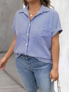 Vionelle Blusa casual de talla grande para mujer con estampado de rayas azul y blanco, de manga corta y abotonada, para el verano - Azul y blanco - Ver 6