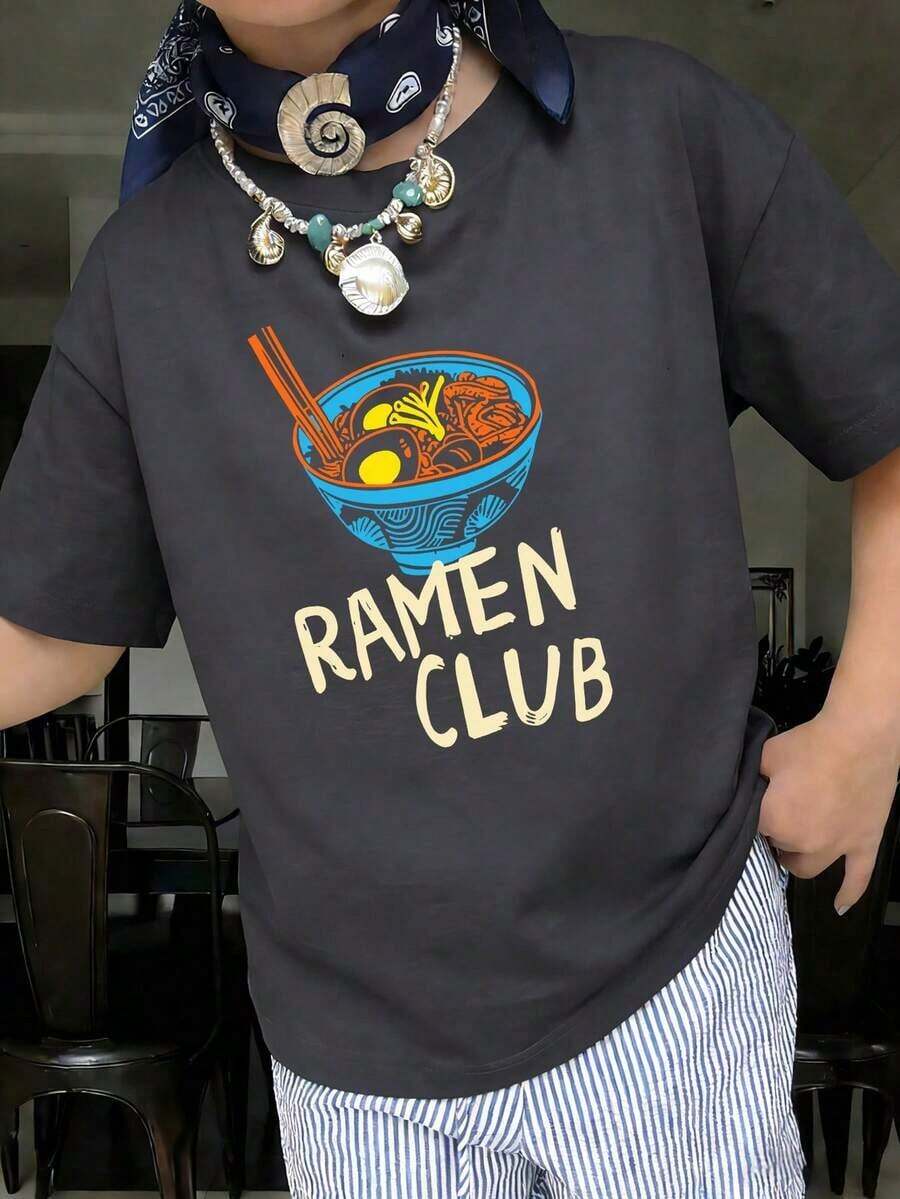 1 Girls' Short Sleeve Crew Neck T-Shirt With Ramen Print, Summer Clothes For Young Students And Teens - The Ramen Print T-Shirt Brings Joy And Happiness To Every Child! RAMEN CLUB - 黑色 - 查看 1