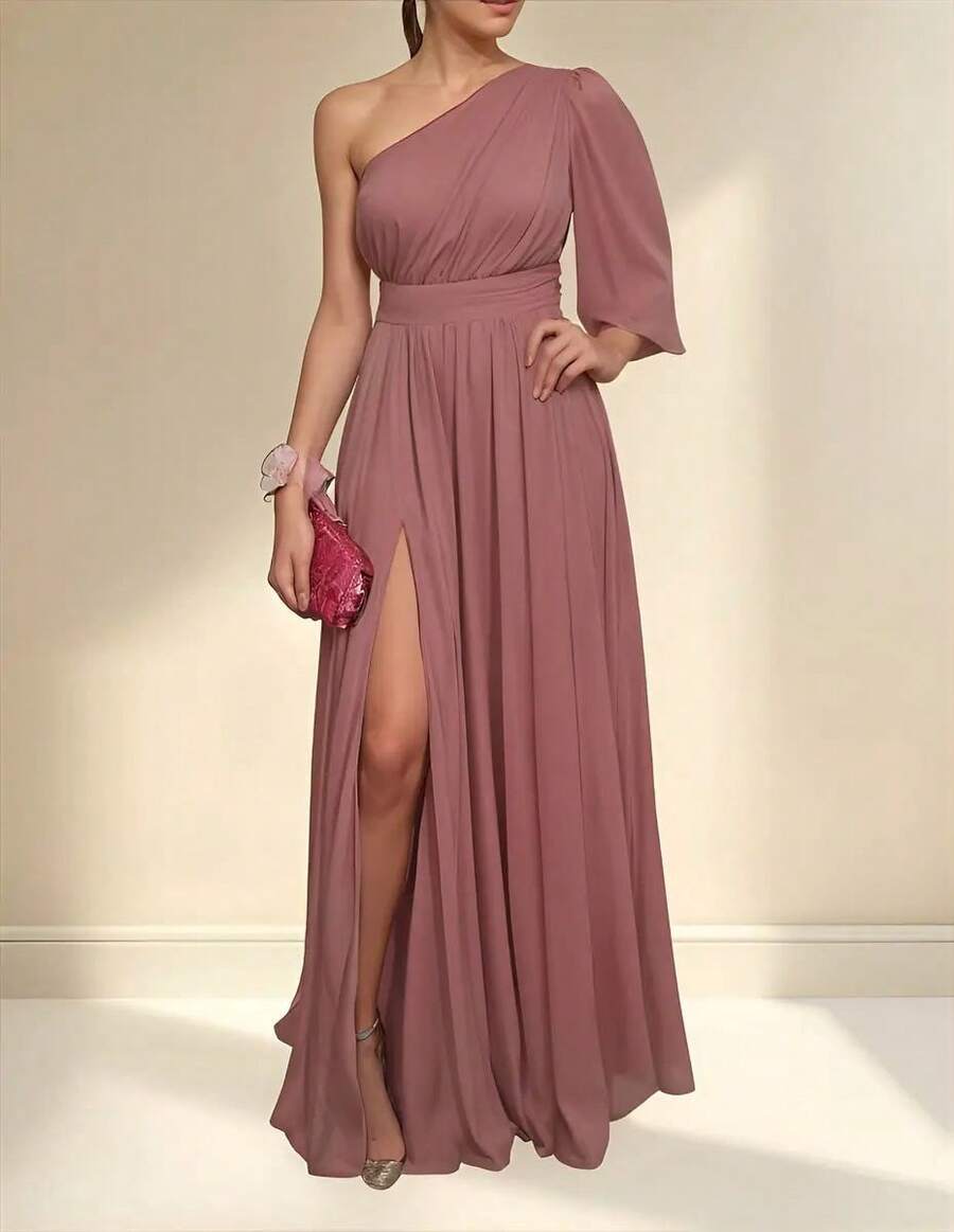 Vestido Largo Elegante Para Mujer Hombro Descubierto Ideal Para Fiestas - Rosa - Ver 1