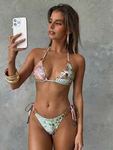 Conjunto de bikini con estampado de teñido anudado para mujer, traje de baño de mujer con decoración de concha iridiscente sexy para fiestas y festivales de música, atuendo de playa de vacaciones para mujer - Multicolor 4 - Ver 3