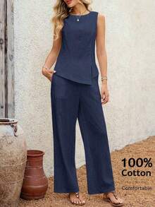 2 piezas Conjunto casual de uso diario con top y pantalones con diseño de abertura de jacquard para mujer - Azul marino - Ver 1