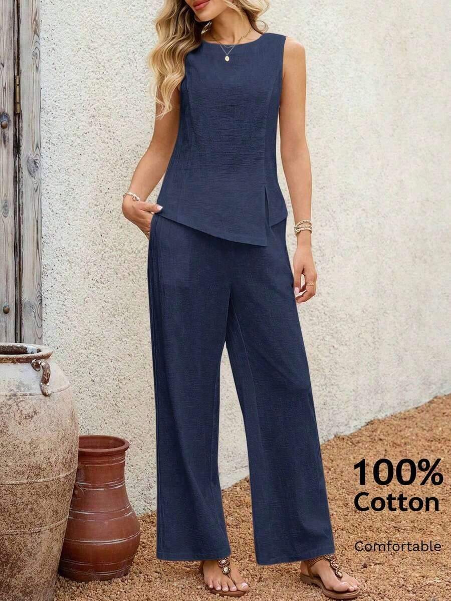 2 piezas Conjunto casual de uso diario con top y pantalones con diseño de abertura de jacquard para mujer - Azul marino - Ver 1
