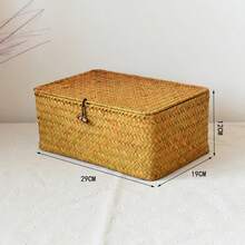 1 pieza Cesta de almacenamiento rectangular de ratán con tapa, caja de almacenamiento tejida de ratán, contenedor de almacenamiento multiusos, adecuado para juguetes, dormitorio, baño, cocina, decoración del hogar, regalo de Año Nuevo, Día de San Valentín - Marrón - Ver 12