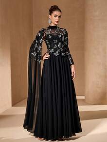 YISIKADO Women's Elegant Bowknot High Collar Long Sleeve Sequin Maxi Evening Dress Party Black Wedding Fall - Black - View 4