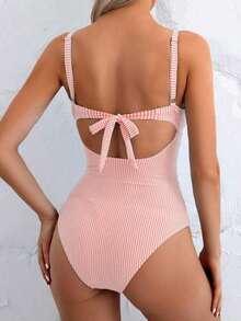 Traje de baño de una pieza sexy para mujer con rayas, encaje cruzado en la espalda - Multicolor 2 - Ver 2