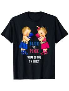Camiseta estamp de género revelado vs combate de boxeo azus rosa, camiseta estamp para mujer de 220g, 100% aodón, camiseta de manga corta retro de estilo cajero para mujer, camiseta casual de cuello redondo para mujer para uso al e  de manga corta, Día de la Madre, Mes del Orgullo, Halloween, Navidad, uso diario en las cuatro estaciones, regalos festivos - Negro - Ver 2