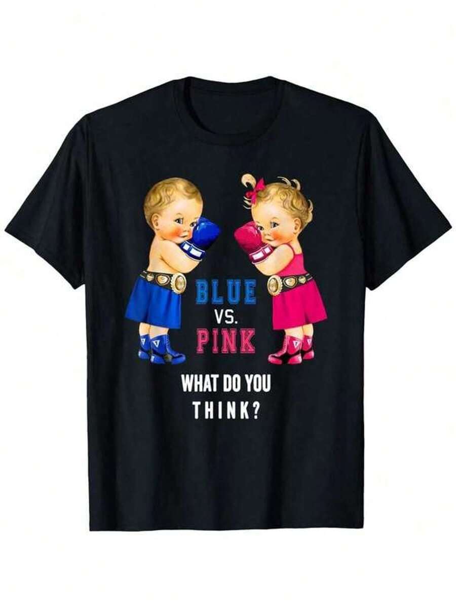 Camiseta estamp de género revelado vs combate de boxeo azus rosa, camiseta estamp para mujer de 220g, 100% aodón, camiseta de manga corta retro de estilo cajero para mujer, camiseta casual de cuello redondo para mujer para uso al e  de manga corta, Día de la Madre, Mes del Orgullo, Halloween, Navidad, uso diario en las cuatro estaciones, regalos festivos