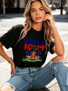 Cotton, Graphic Print, T-Shirt With Haitian Flag Print Of The Haitian Revolution Of 1804, Independence Day, Casual Crew Neck T-Shirt, Short Sleeve, Comfortable. - 黑色 4 - 查看 2