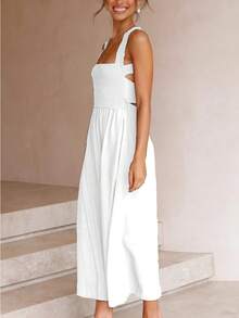 Sleeveless Boat Neck Dress In Solid Cotton Linen With Open Back, Elegant And Sensual European Style For Summer - White - View 3