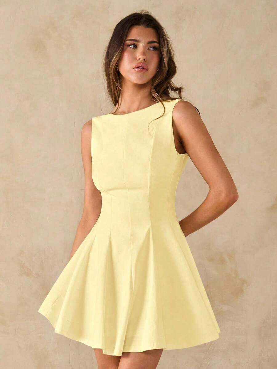 Vestido negro sólido, minimalista y sexy de corte evasé en tono burdeos para mujer, vestido para citas, vestido de dama de honor corto, vestido negro elegante para primavera/verano - Amarillo - Ver 1