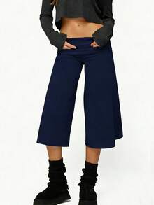 Y2K Fold-Over Waist Wide Leg Cropped Culottes, Low-Rise Casual Knit Pants For Women, Multi-Color Options - 孔雀藍 - 查看 4