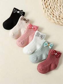 6 pares de calcetines de media caña para bebé con diseño de lazo, unicolor Morandi, con textura acanalada - Multicolor - Ver 1