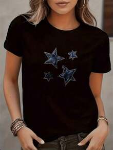 Mujer Camiseta Blanca Con Estrellas De Denim Estilo Casual Verano Tops Para Mujer Ropa De Moda Para DíA A DíA - Negro - Ver 2