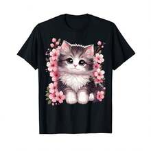 Camiseta unisex de manga corta, camiseta de gato con flores de cerezo, camisetas para hombre, spiderman, , camisetas para mujer, romwe men, boho chic, regalos para maestros, camiseta para mujer, atuendos curvy para hombre, y2k - Negro - Ver 1