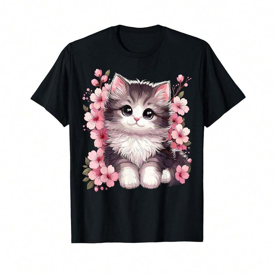 Camiseta unisex de manga corta, camiseta de gato con flores de cerezo, camisetas para hombre, spiderman, , camisetas para mujer, romwe men, boho chic, regalos para maestros, camiseta para mujer, atuendos curvy para hombre, y2k - Negro - Ver 1