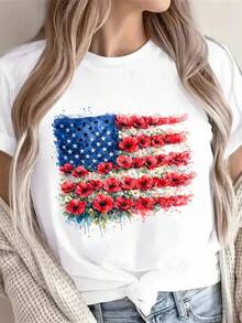 Camiseta con la bandera estadounidense y amapolas rojas. Camiseta patriótica floral para el Día de los Caídos. 220 g de algodón puro unisex. Peso ideal para todas las estaciones, apta para hombres y mujeres. Tejido duradero de alta calidad, suave al tacto y de larga duración. Camiseta transpirable. Adecuada para la primavera y el verano, vacaciones, Día de la Madre y Día de la Independencia. - Blanco - Ver 1