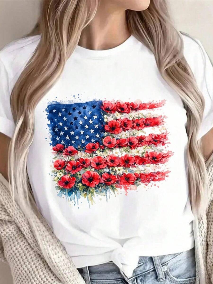 Camiseta con la bandera estadounidense y amapolas rojas. Camiseta patriótica floral para el Día de los Caídos. 220 g de algodón puro unisex. Peso ideal para todas las estaciones, apta para hombres y mujeres. Tejido duradero de alta calidad, suave al tacto y de larga duración. Camiseta transpirable. Adecuada para la primavera y el verano, vacaciones, Día de la Madre y Día de la Independencia. - Blanco - Ver 1