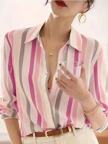 New Loose-Fitting Long-Sleeved Blouse For Women, Plain Color Button-Down Shirt For Spring - 波爾多 - 查看 8