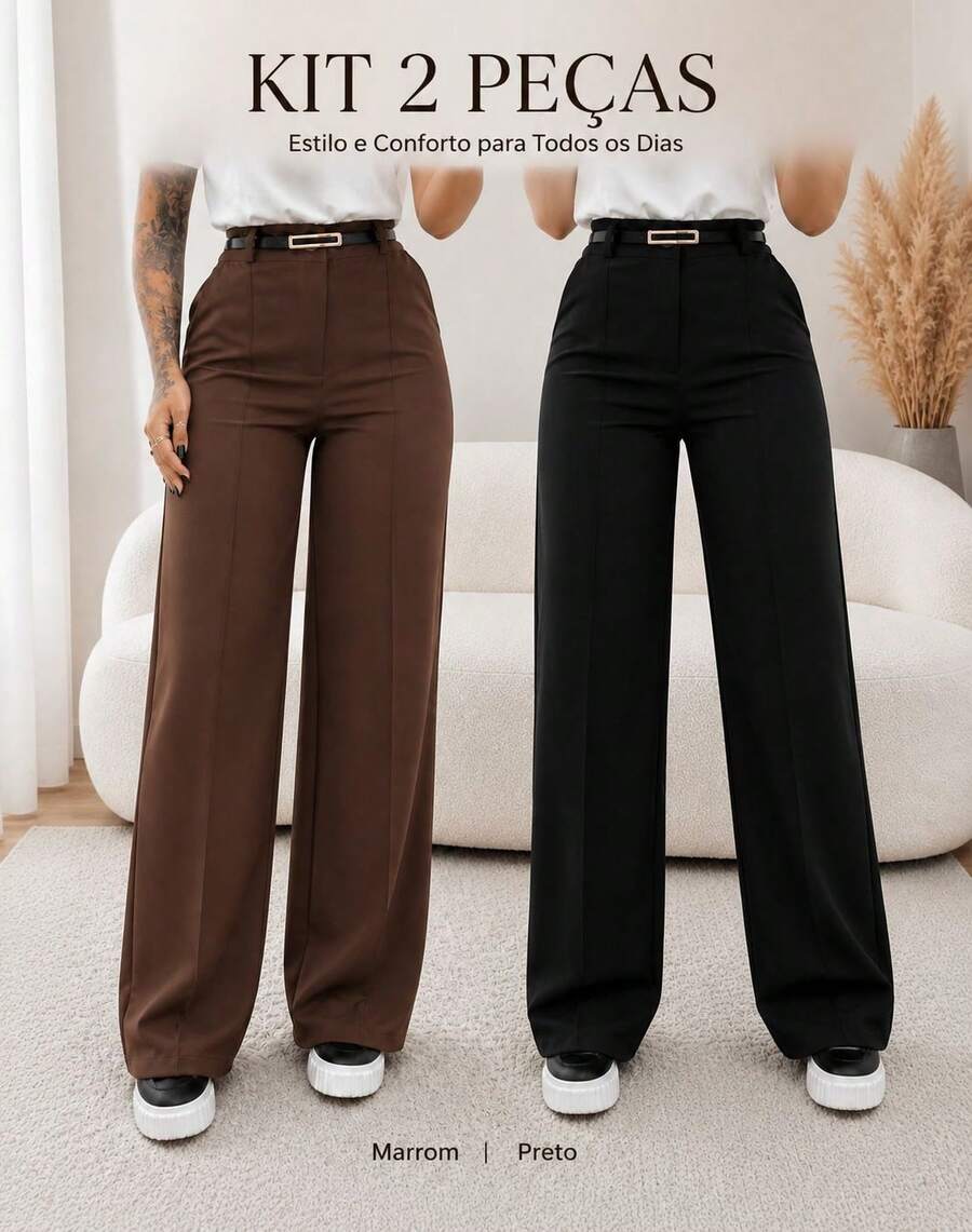 Set Of 2 Women's Wide-Leg Pants With Belt - Brown / Black - View 1