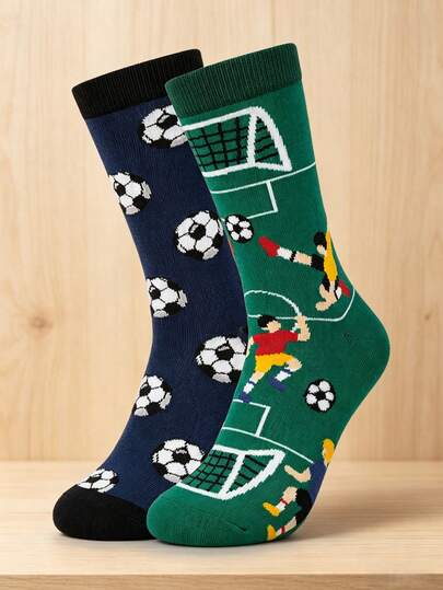 1 Pair Of Men's Funny Football Crew Socks, Colorful Football & Player Pattern Socks, Novelty Green & Blue Mid-Calf Socks For Men, Breathable Casual Sports Socks, Aesthetic & Athletic Style Socks, Lightweight Socks For Spring And Summer, Suitable For Daily Wear, Game Days, Casual Occasions, Ideal Birthday Gift, Christmas Gift, Holiday Gift, And Cool Gift For Football Fans
