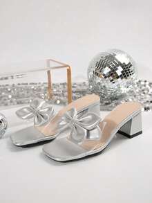 New Versatile Transparent Slippers Women Sexy Bow Decor Sandals Summer Fashion Open Toe High Heel Mules - Silver - View 8