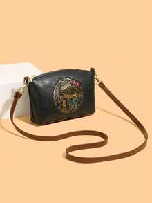 PU Material Women's Crossbody Bag, Retro Auspicious Elephant Retro Pattern Shoulder Bag. Adjustable Strap Can Be Worn As Shoulder Bag. Zipper Design At Back To Separate Storage For Phone, Keys, Lipstick, Tissues Etc. Suitable For Commuting And Shopping, Small Size With Large Capacity - Multicolor - View 13