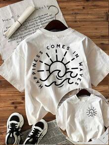 Vintage One-Piece T-Shirt [Double-Sided Print] Minimalist Style Sunwave HAPPINESS COMES IN WAVES, Short-Sleeve Crew Neck Printed T-Shirt, 180g, 100% Cotton, Short-Sleeve Crew Neck Printed T-Shirt, Women's T-Shirt, Very Suitable For Daily Wear, Fashion - 白色 - 查看 7