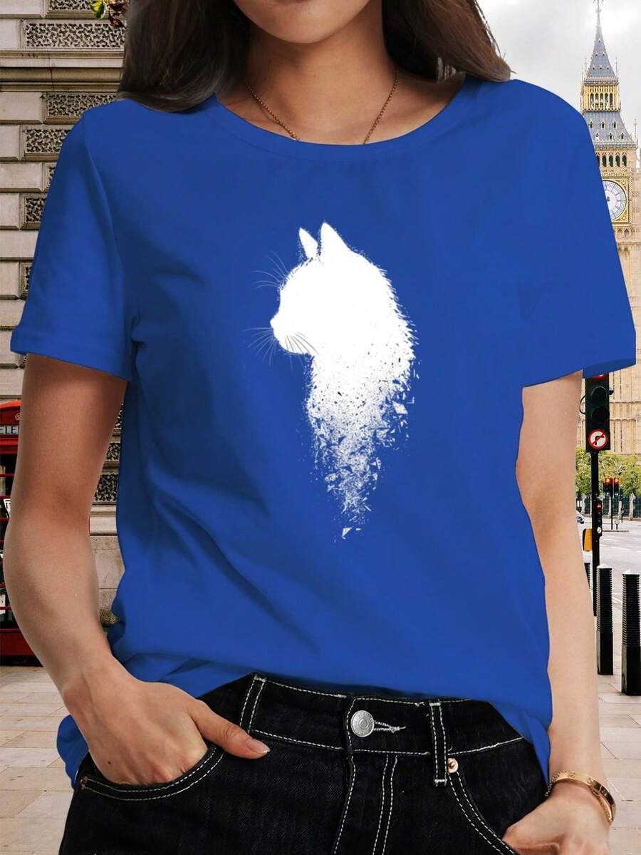 Camiseta de algodón puro para mujer con estampado de gato - silueta sencilla, lindas mangas cortas con diseño de gato, top casual versátil de cuello redondo, adecuada para primavera, verano y otoño, lavable a máquina, tela transpirable y elástica, imprescindible para amantes de las mascotas, tela opaca. - Azul - Ver 1